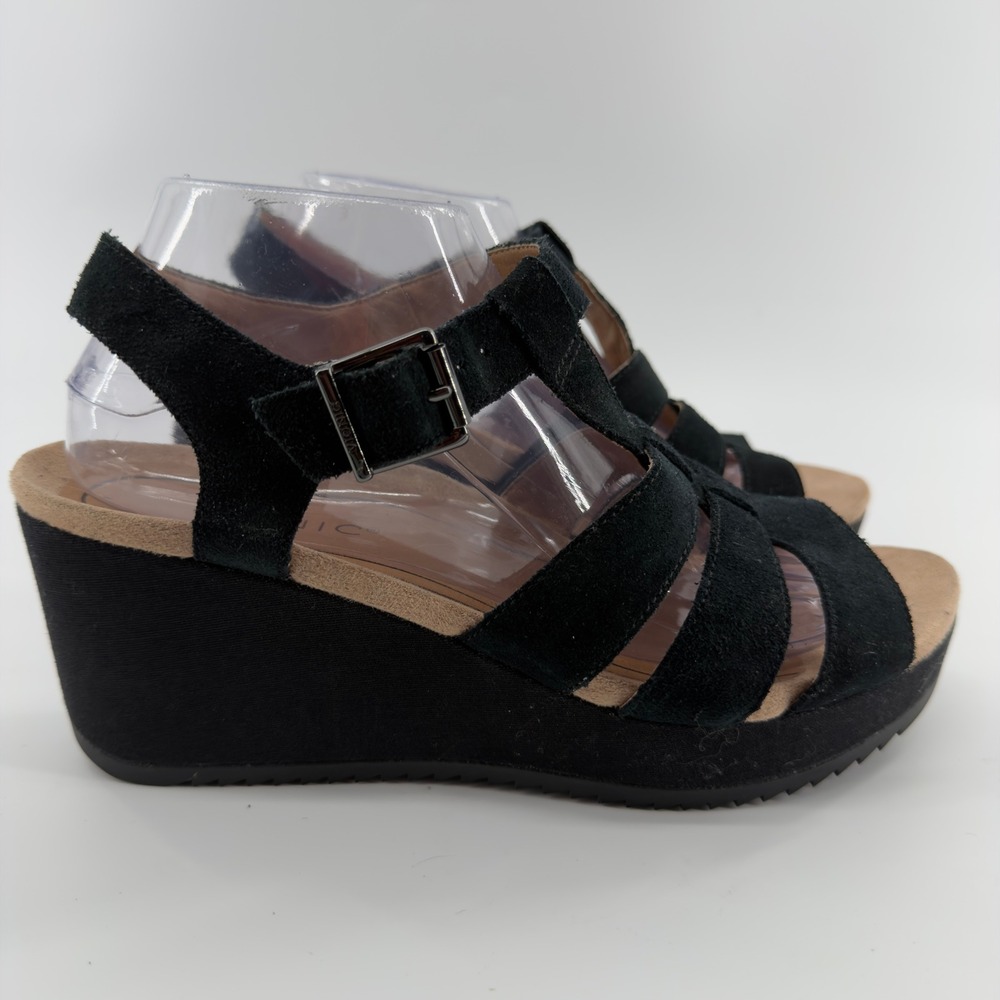 Vionic Tawny Black Suede Wedge Sandals Strappy Platform Buckle 9.5